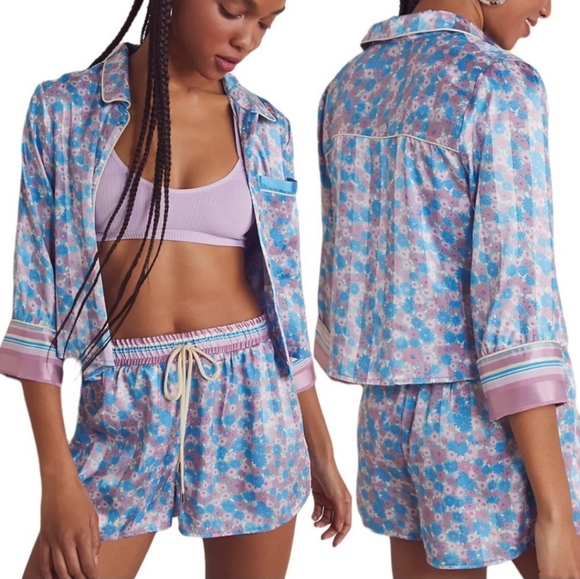 Free People Pillow Talk Satin Short Pajamas Cool Lavender - Picture 3 of 3